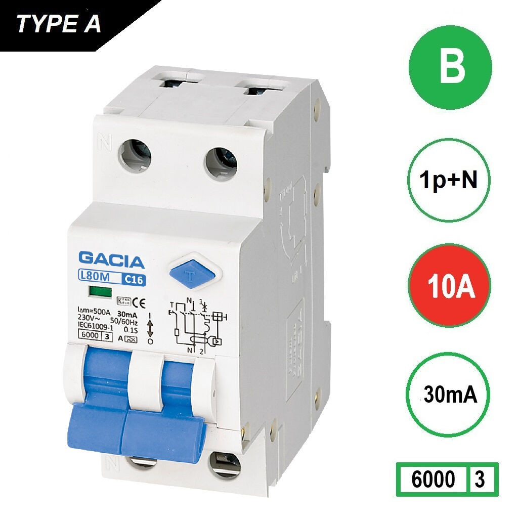 GACIA L80M aardlekautomaat 1p+n B10 30mA 