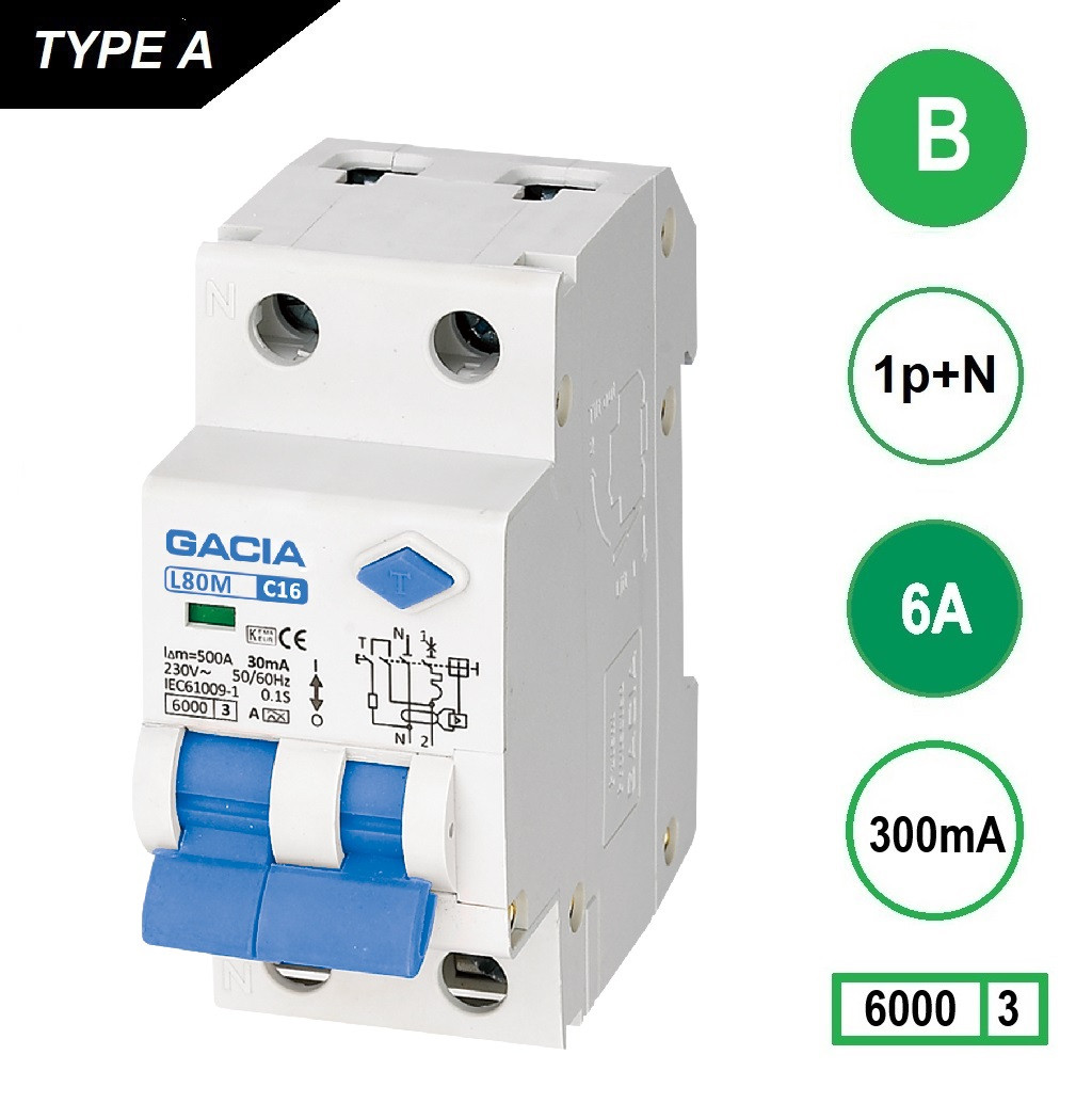GACIA L80MA aardlekautomaat 1p+n B6 300mA 