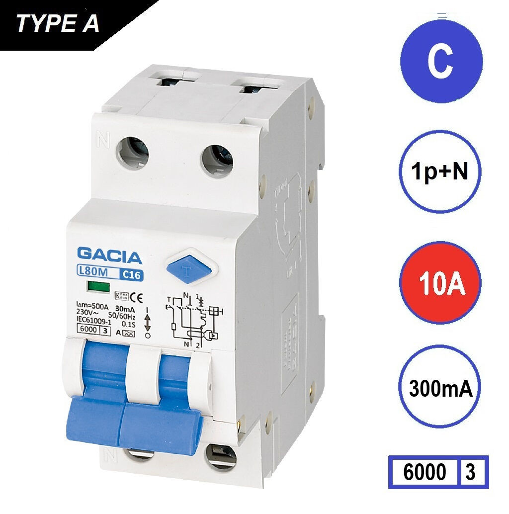 GACIA L80MA aardlekautomaat 1p+n C10 300mA 