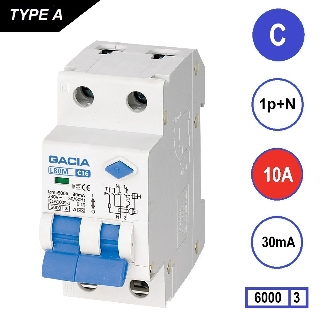 GACIA L80M aardlekautomaat 1p+n C10 30mA 