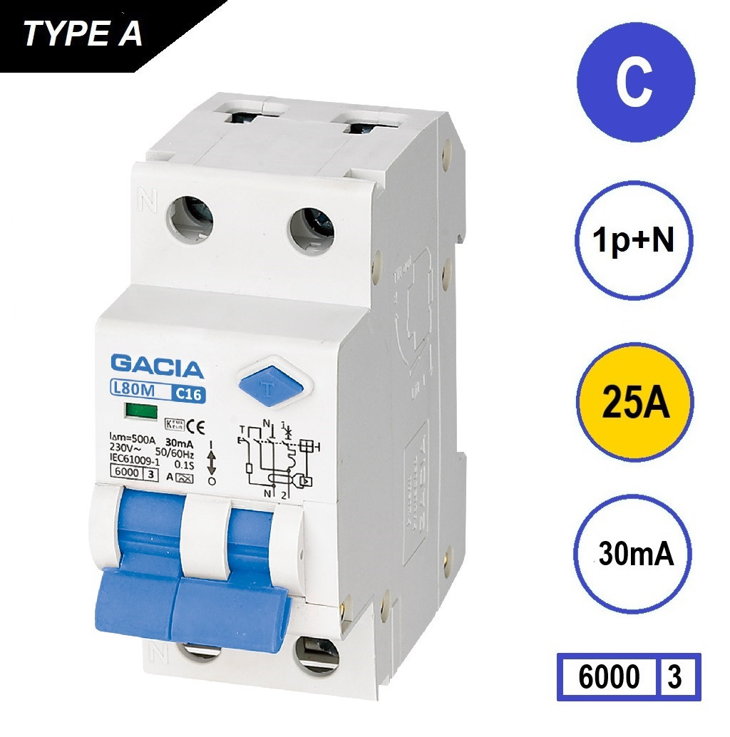 GACIA L80M aardlekautomaat 1p+n C25 30mA 