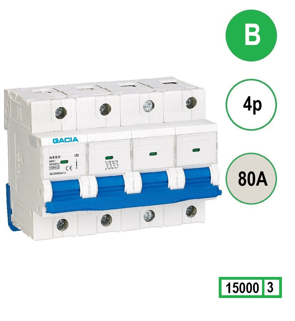 GACIA N8GH installatieautomaat 4 polig, karakteristiek B, 80A, 15kA
