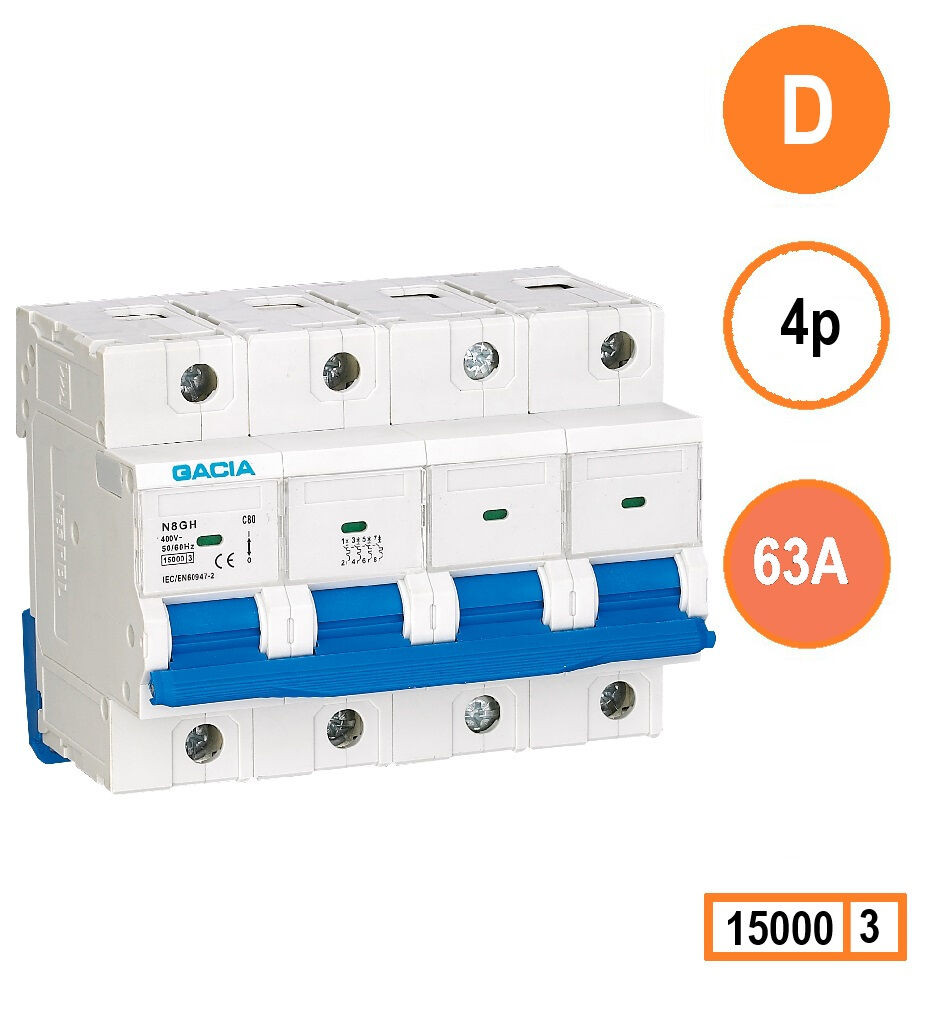 GACIA N8GH installatieautomaat 4 polig, karakteristiek D, 63A, 15kA