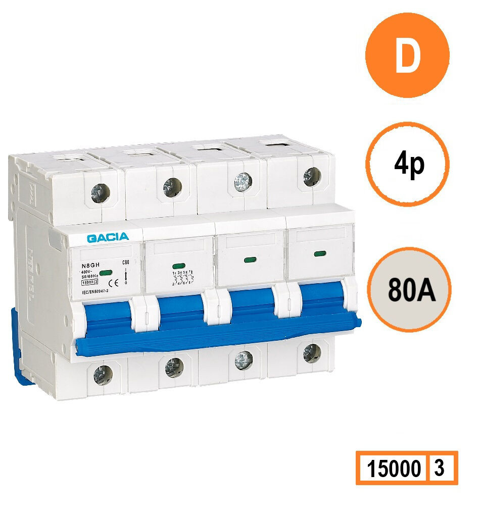 GACIA N8GH installatieautomaat 4 polig, karakteristiek D, 80A, 15kA