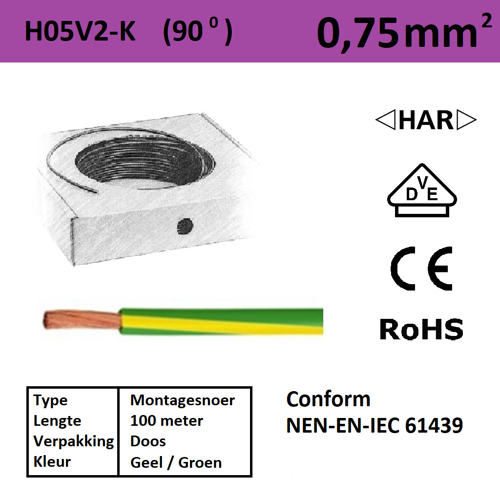 Schotman Elektro - SEP montagesnoer H05V2-k geel / groen 0,75mm