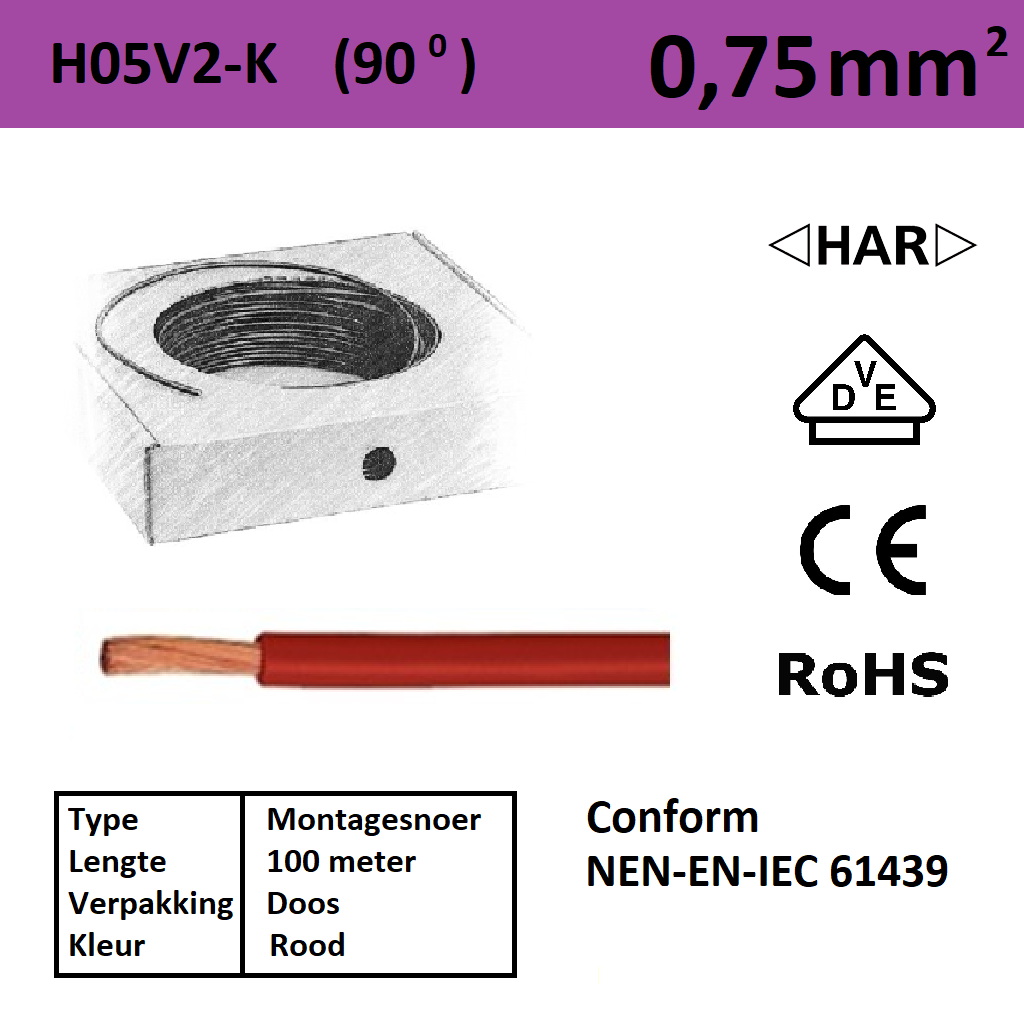 Schotman Elektro - SEP montagesnoer H05V2-k rood 0,75mm