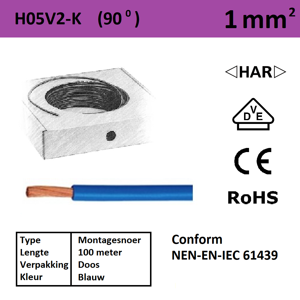 Schotman Elektro - SEP montagesnoer H05V2-k blauw 1mm2