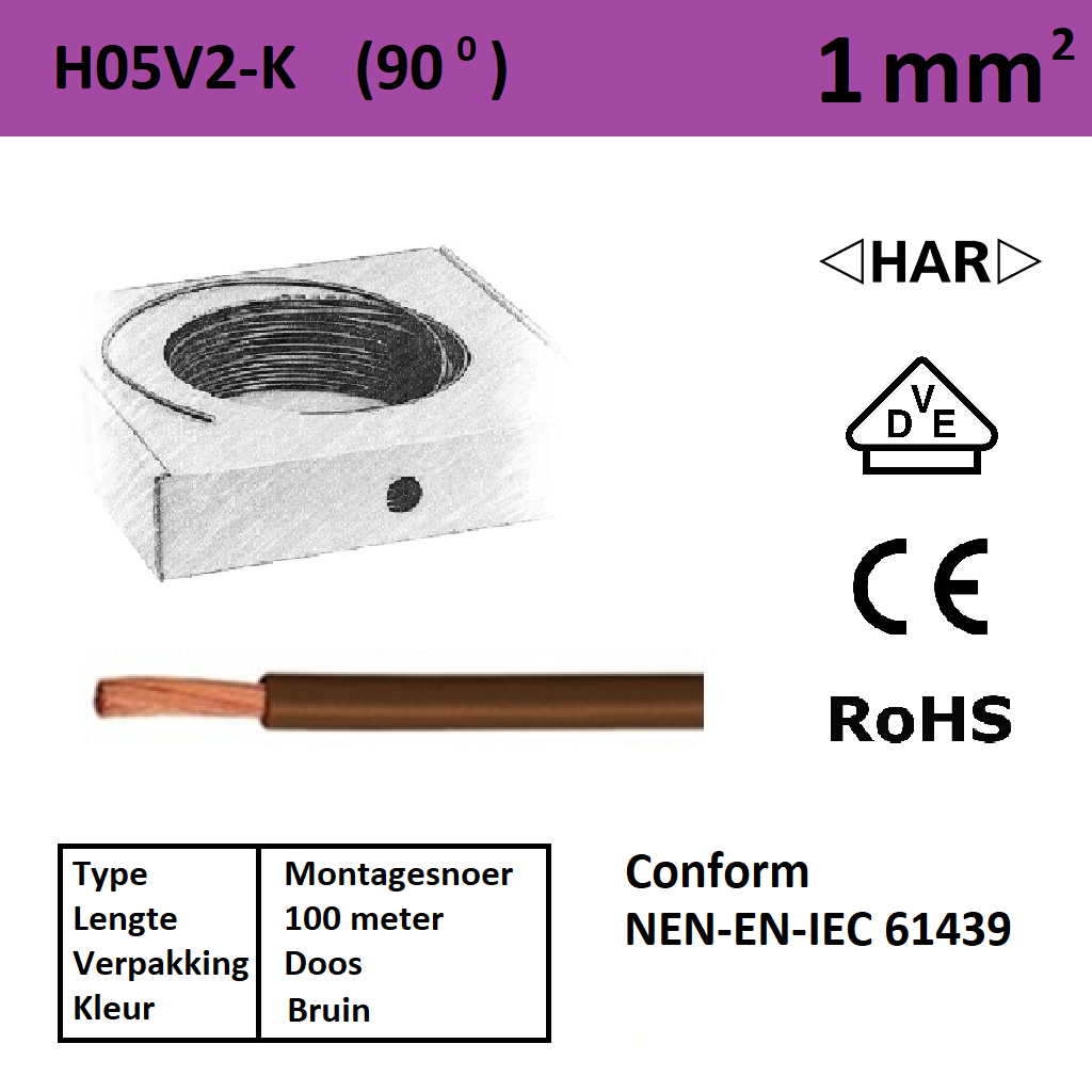 Schotman Elektro - SEP montagesnoer H05V2-k bruin 1mm2