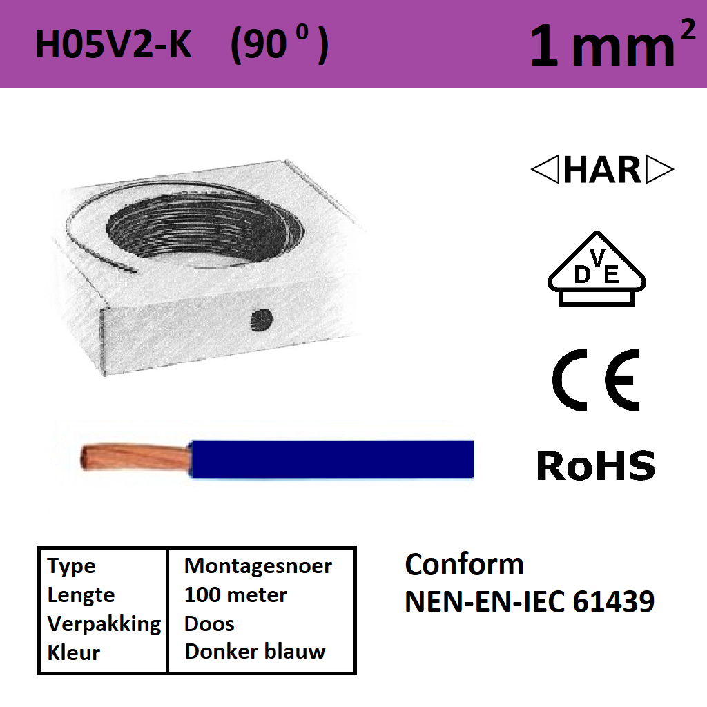 Schotman Elektro - SEP montagesnoer H05V2-k donker blauw 1mm2