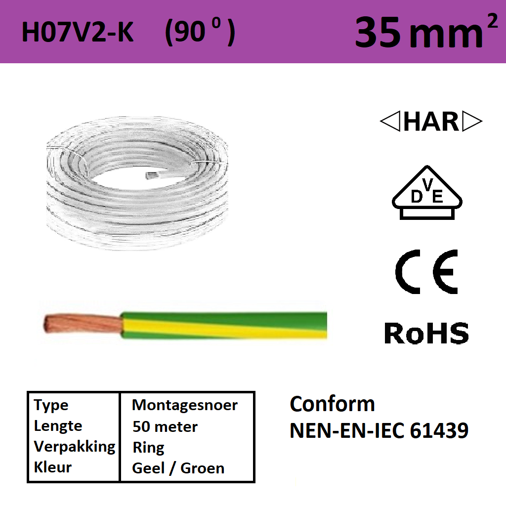 Schotman Elektro - SEP Montagesnoer 90 graden H07V2-k geel groen 35mm2