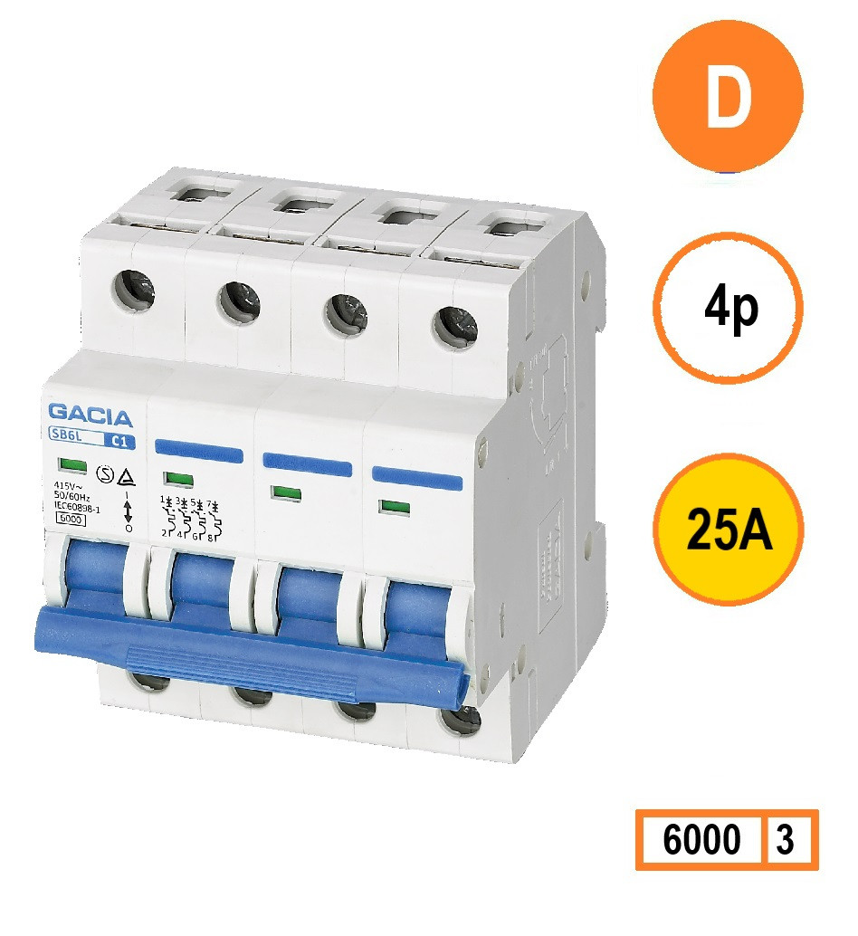 Schotman Elektro - GACIA SB6L installatieautomaat D 4 polig 25A 6kA