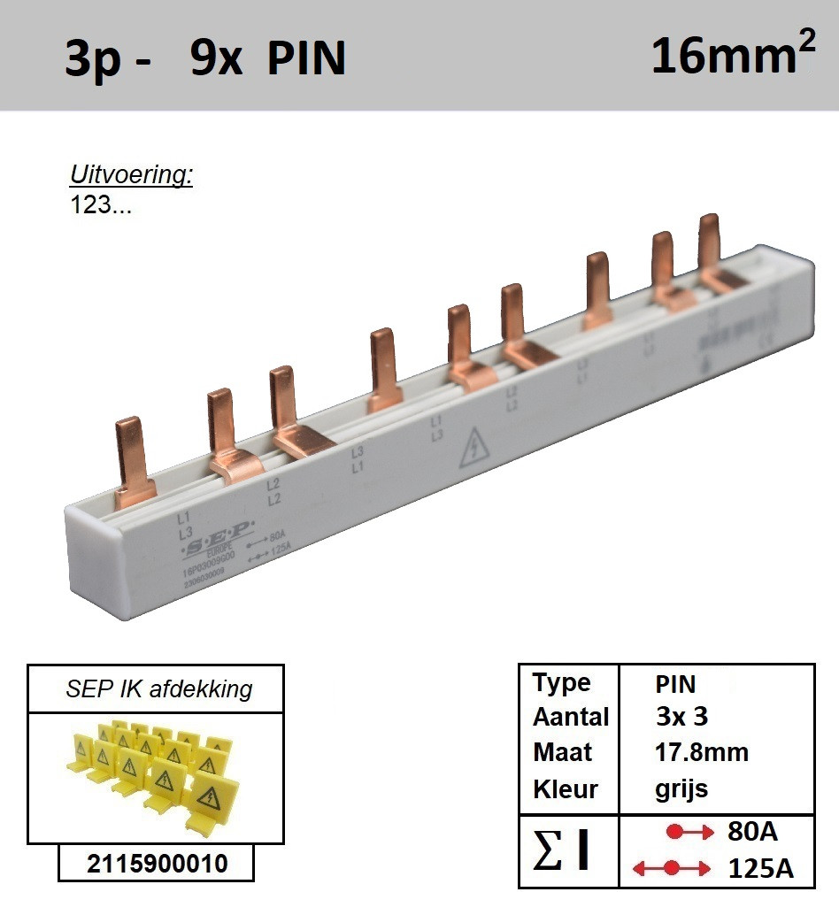 Schotman Elektro - SEP 16P03009G00 aansluitrail 16mm2 80A 125A