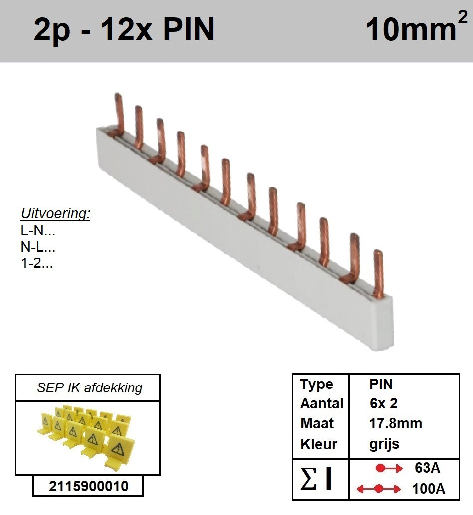 Schotman Elektro - SEP aansluitrail 2 fase PIN 6x2 aansluitingen 17.8mm