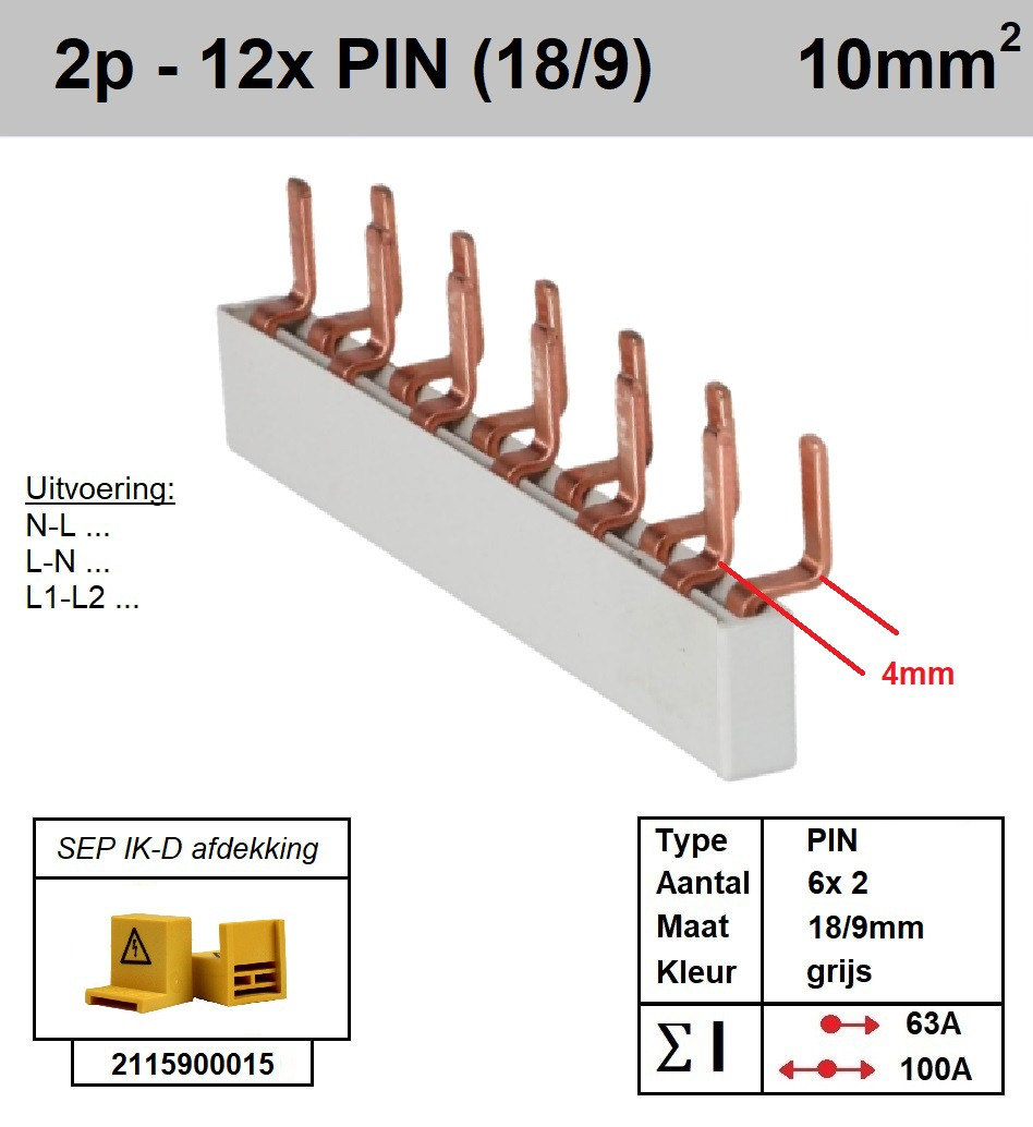 Schotman Elektro - SEP aansluitrail 2fase PIN 6x2 aansluitingen 9/18mm