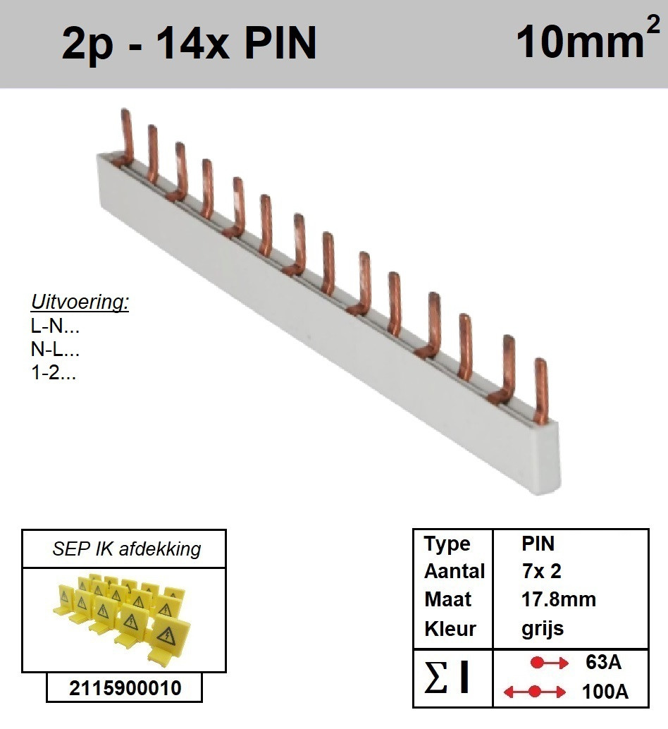 Schotman Elektro - SEP aansluitrail 2 fase PIN 7x2 aansluitingen 17.8mm