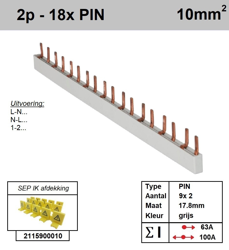 Schotman Elektro - SEP aansluitrail 2 fase PIN 9x2 aansluitingen 17.8mm