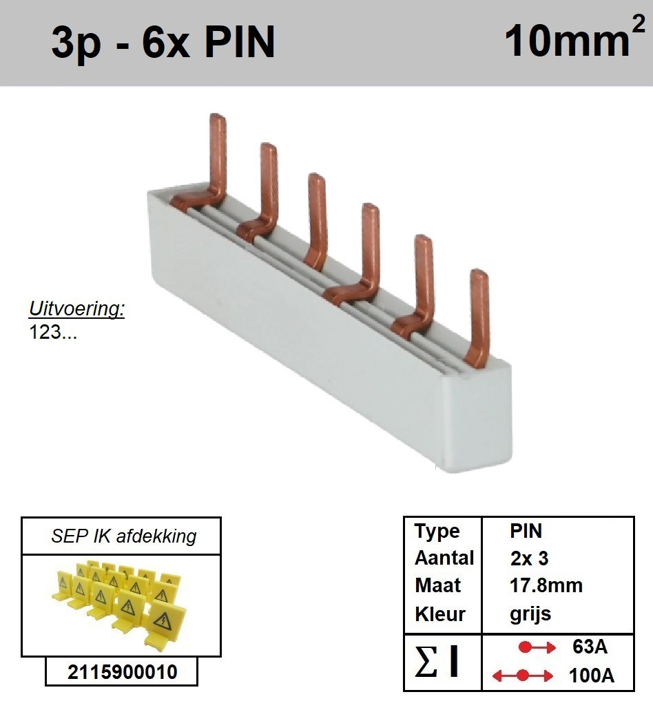 Schotman Elektro - SEP aansluitrail 3 fase PIN 2x3 aansluitingen 17.8mm