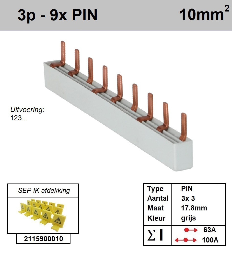 Schotman Elektro - SEP aansluitrail 3 fase PIN 3x3 aansluitingen 17.8mm