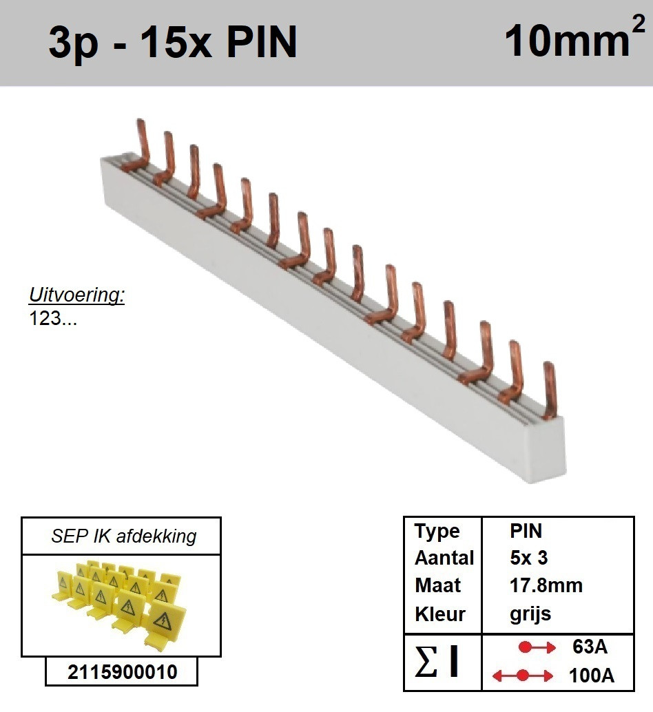 Schotman Elektro - SEP aansluitrail 3 fase PIN 5x3 aansluitingen 17.8mm