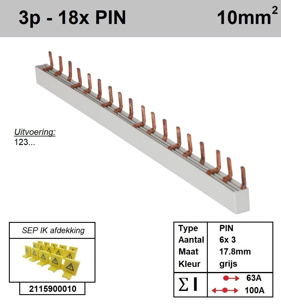 Schotman Elektro - SEP aansluitrail 3 fase PIN 6x3 aansluitingen 17.8mm
