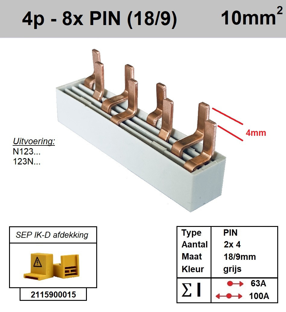 Schotman Elektro - SEP aansluitrail PIN 2x4 aansluitingen 18/9mm