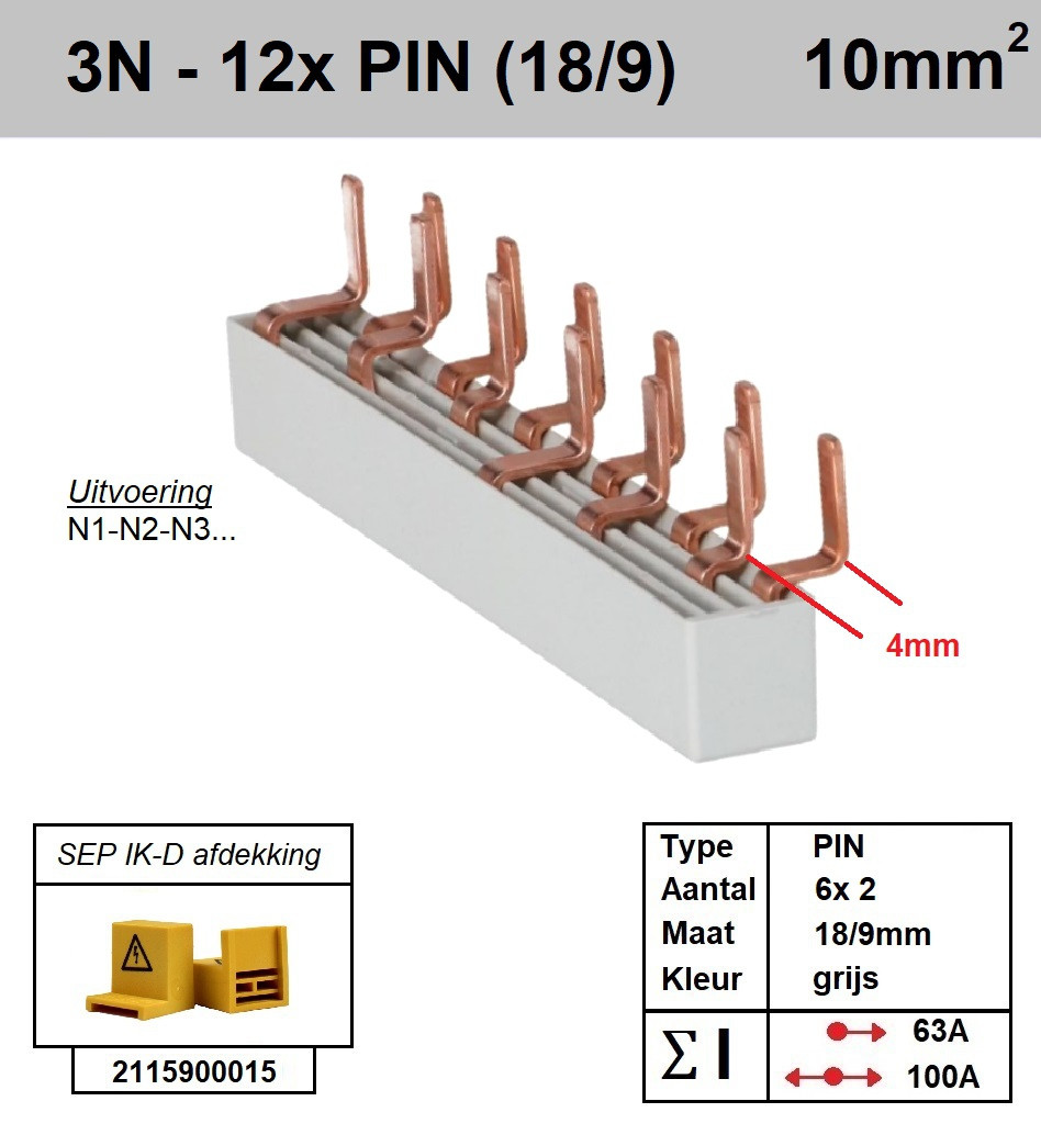 Schotman Elektro - SEP aansluitrail 3+N fase PIN 6x2 18/9mm