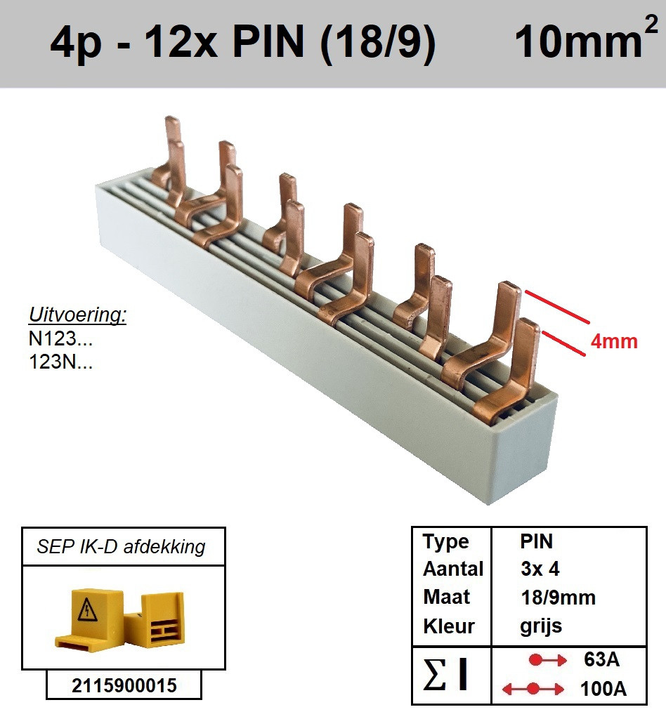 Schotman Elektro - SEP aansluitrail PIN 3x4 aansluitingen 18/9mm