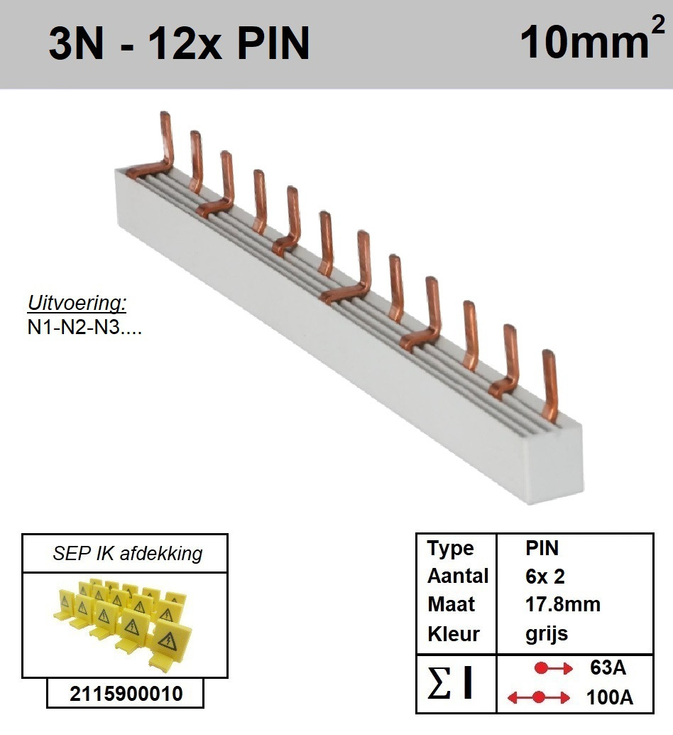 Schotman Elektro - SEP aansluitrail 3+N fase PIN 6x2 aansluitingen 17.8mm