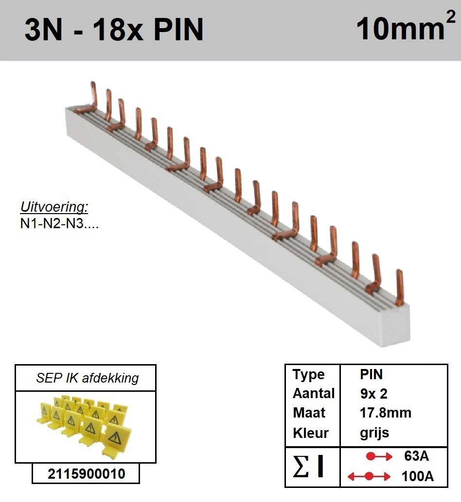 Schotman Elektro - SEP aansluitrail 3+N fase PIN 9x2 aansluitingen 17.8mm