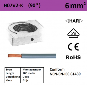 Schotman Elektro - SEP montagesnoer 90 graden H07V2-k grijs 6mm2