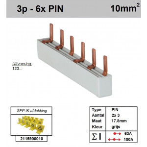 Schotman Elektro - SEP aansluitrail 3 fase PIN 2x3 aansluitingen 17.8mm