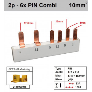 Schotman Elektro - SEP aansluitrail 2fase PIN Combi 1x2 2x2 17.8/9/18mm