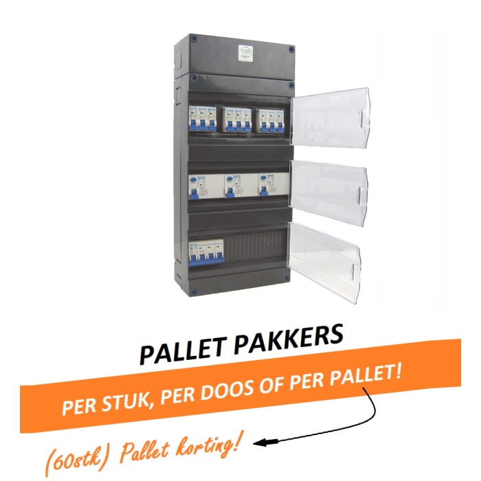 GACIA GAC319 groepenkast - 3-fase, 40A hoofdschakelaar, 2 aardlekschakelaars 4-polig, 9 lichtgroepen, met verhoogde buisinvoer