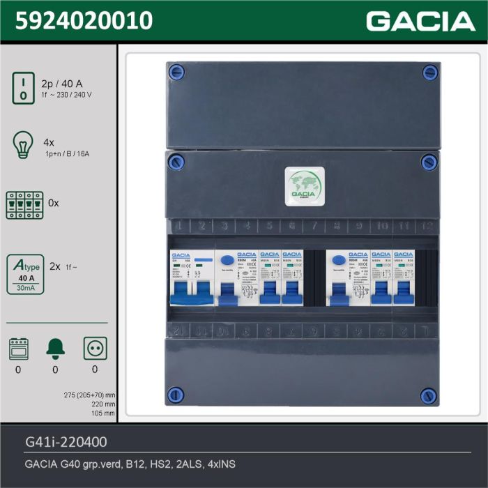 GACIA G41i-220400, 1-fase groepenkast 40A met installatieautomaten, 4-groepen, technische gegevens