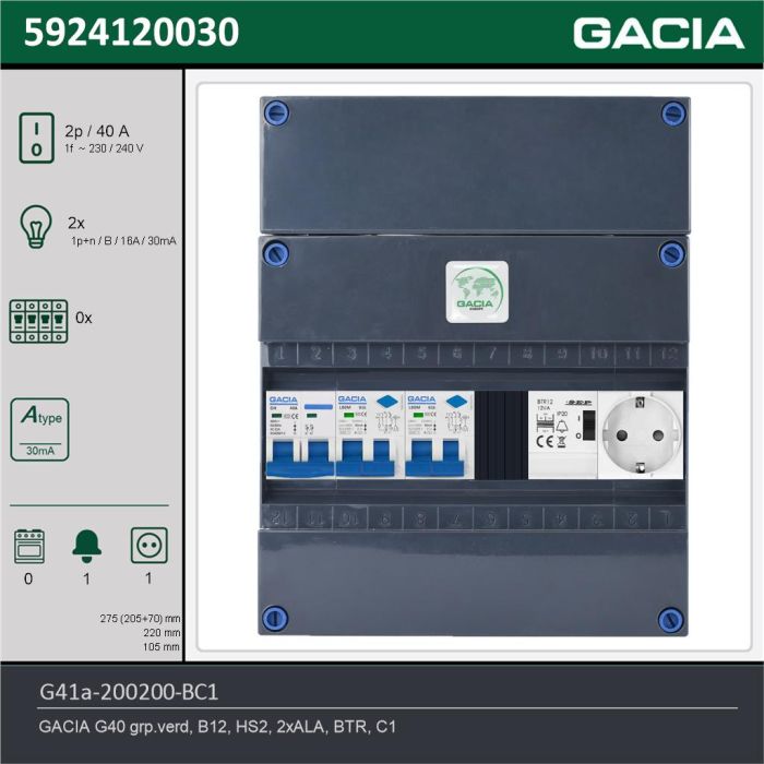GACIA G41a-200200-BC1, 1-fase groepenkast 40A met aardlekautomaten, 2-groepen, beltrafo, 1V-contactdoos, technische gegevens
