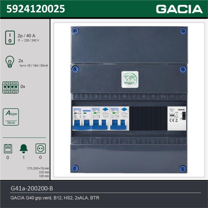 GACIA G41a-200200-B, 1-fase groepenkast 40A met aardlekautomaten, 2-groepen, beltrafo, technische gegevens