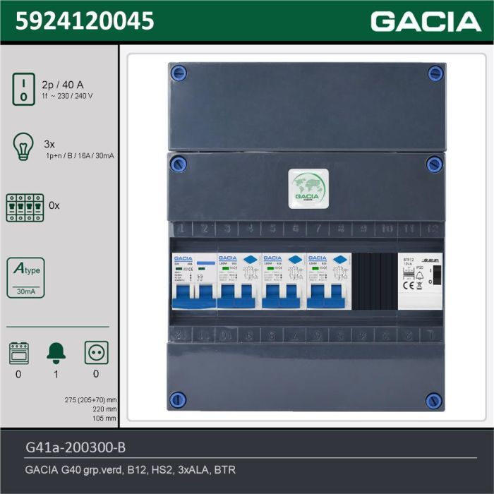 GACIA G41a-200300-B, 1-fase groepenkast 40A met aardlekautomaten, 3-groepen, beltrafo, technische gegevens