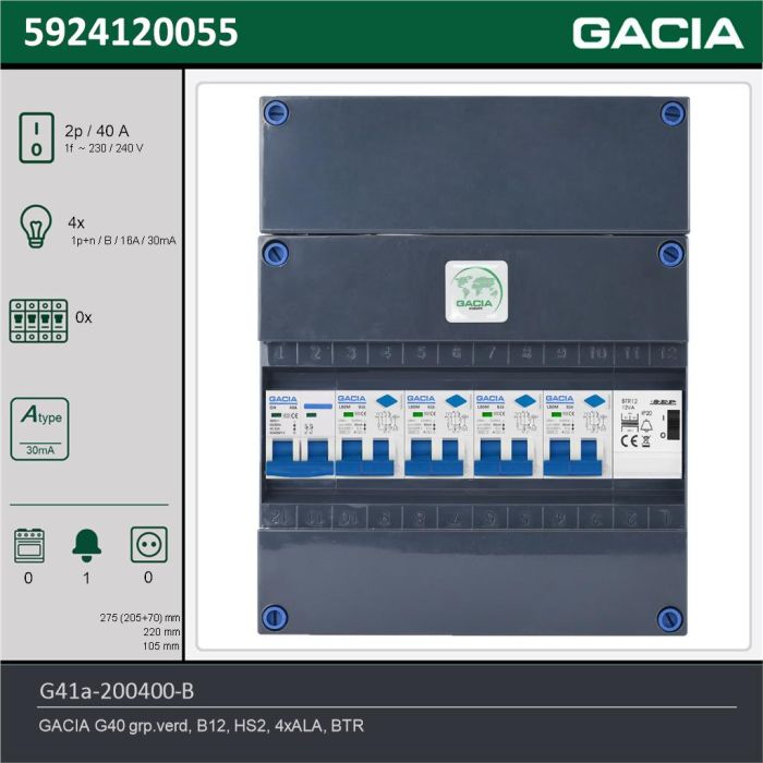 GACIA G41a-200400-B, 1-fase groepenkast 40A met aardlekautomaten, 4-groepen, beltrafo, technische gegevens