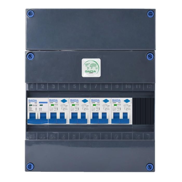 GACIA G120040 groepenkast - 1-fase, 40A hoofdschakelaar, 4 groepen aardlekautomaat met verhoogde buisinvoer - vooraanzicht