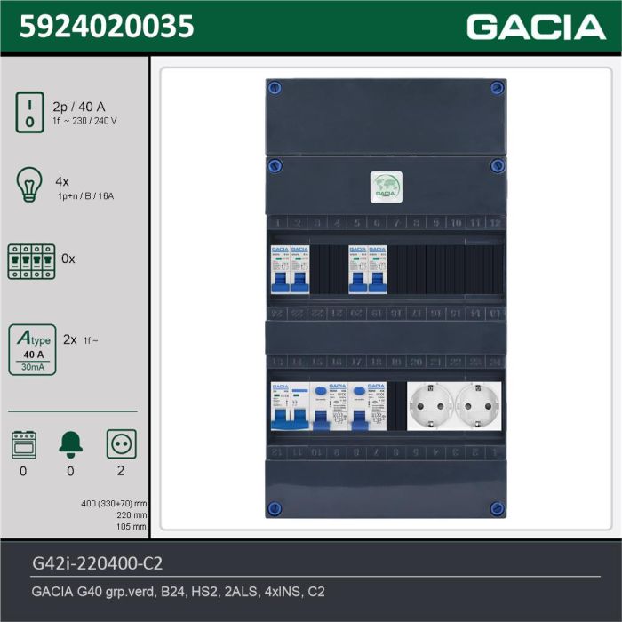 GACIA G42i-220400-C2, 1-fase groepenkast 40A met installatieautomaten, 4-groepen, 2V-contactdoos, technische gegevens