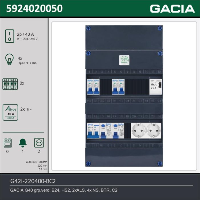 GACIA G42i-220400-BC2, 1-fase groepenkast 40A met installatieautomaten, 4-groepen, beltrafo, 2V-contactdoos, technische gegevens