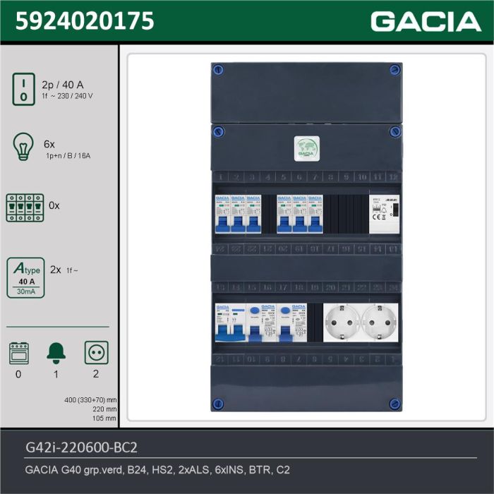 GACIA G42i-220600-BC2, 1-fase groepenkast 40A met installatieautomaten, 6-groepen, beltrafo, 2V-contactdoos, technische gegevens