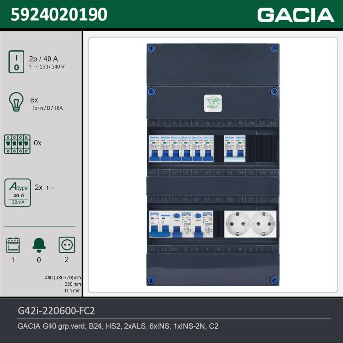 GACIA G42i-220600-FC2, 1-fase groepenkast 40A met installatieautomaten, 7-groepen, fornuisgroep, 2V-contactdoos, technische gegevens