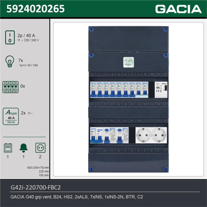 GACIA G42i-220700-FBC2, 1-fase groepenkast 40A met installatieautomaten, 8-groepen, fornuisgroep, beltrafo, 2V-contactdoos, technische gegevens