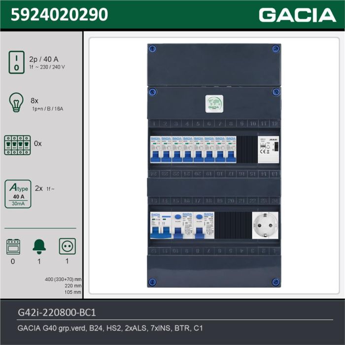 GACIA G42i-220800-BC1, 1-fase groepenkast 40A met installatieautomaten, 8-groepen, beltrafo, 1V-contactdoos, technische gegevens