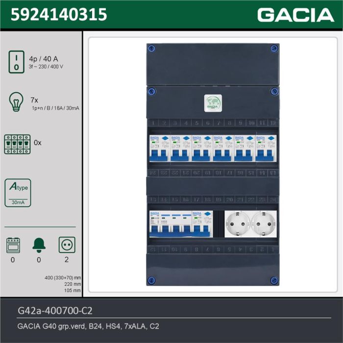 GACIA G42a-400700-C2, 3-fase groepenkast 40A met aardlekautomaten, 7-groepen, 2V-contactdoos, technische gegevens