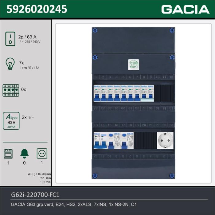 GACIA G62i-220700-FC1, 1-fase groepenkast 63A met installatieautomaten, 8-groepen, fornuisgroep, 1V-contactdoos, technische gegevens