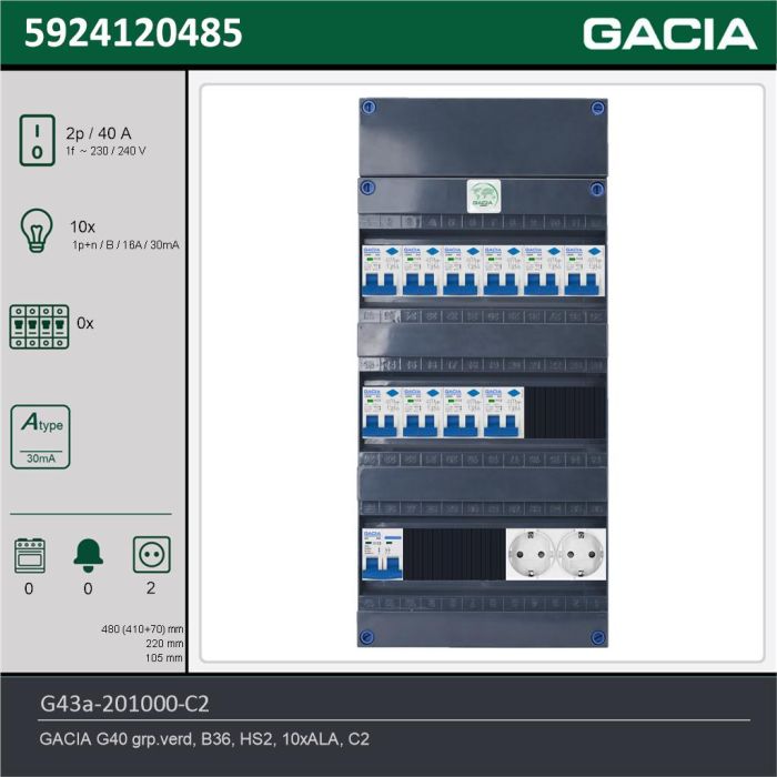 GACIA G43a-201000-C2, 1-fase groepenkast 40A met aardlekautomaten, 10-groepen, 2V-contactdoos, technische gegevens