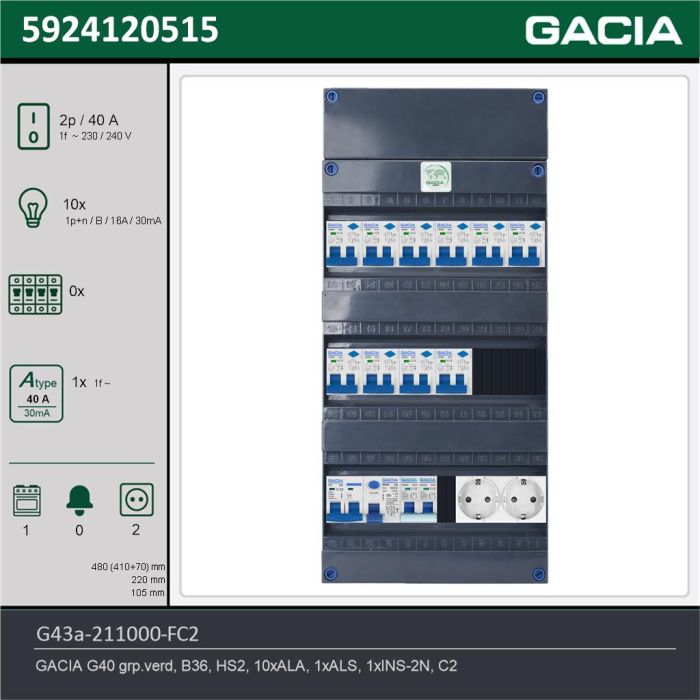 GACIA G43a-211000-FC2, 1-fase groepenkast 40A met aardlekautomaten, 11-groepen, fornuisgroep, 2V-contactdoos, technische gegevens