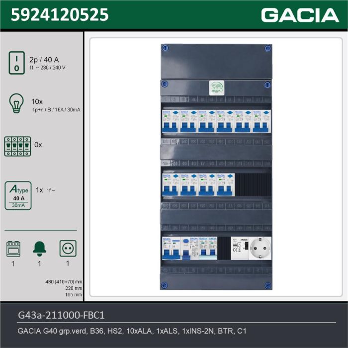 GACIA G43a-211000-FBC1, 1-fase groepenkast 40A met aardlekautomaten, 11-groepen, fornuisgroep, beltrafo, 1V-contactdoos, technische gegevens